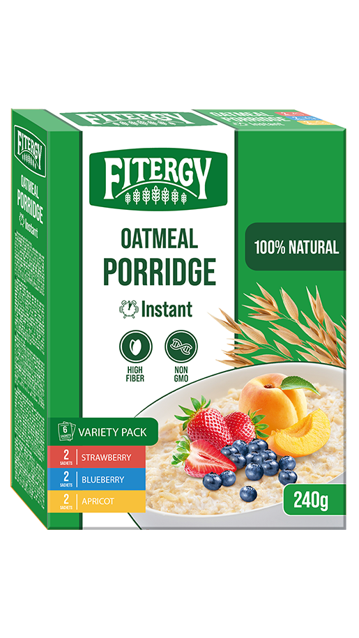 Каша овсяная ассорти: с клубникой, черникой, абрикосом ™«Fitergy»